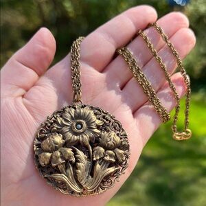 Vintage Art Nouveau Czech Gold Gilt Bronze Flower Filigree Pendant Necklace